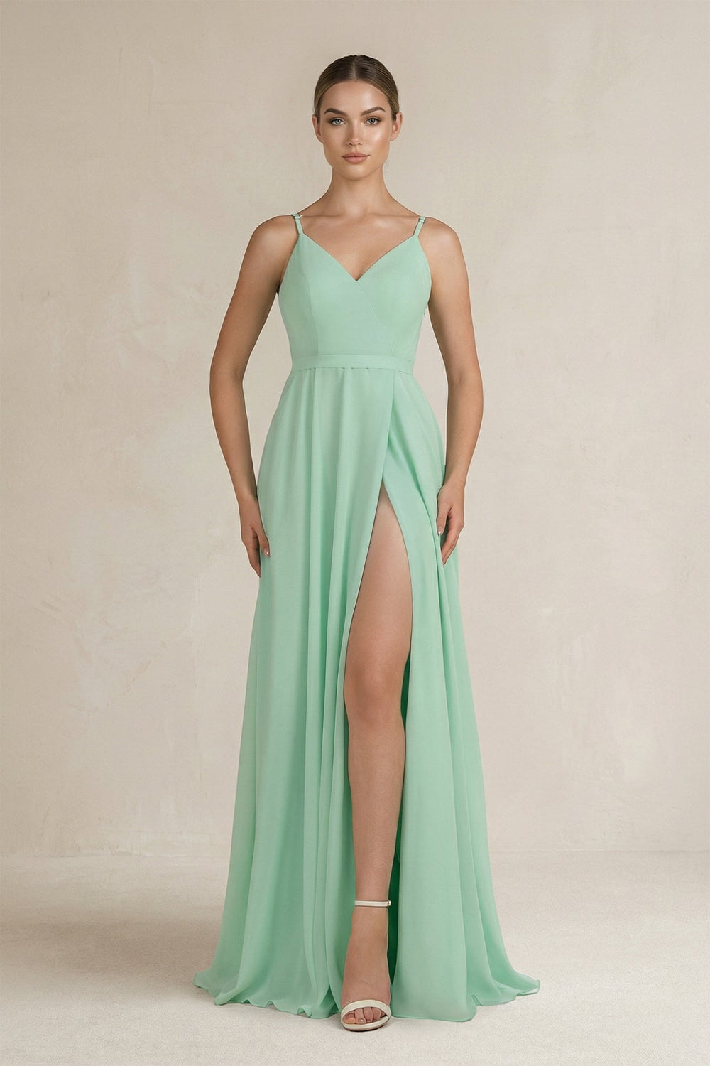 Ruched A-Line Chiffon Bridesmaid Dress with Slit in Pale Pistachio - SHE IS ME BRIDESMAID DRESSES