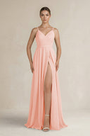Ruched A - Line Chiffon Bridesmaid Dress with Slit in Rose Petal - SHE IS ME Bridesmaid Dresses