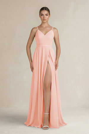 Ruched A - Line Chiffon Bridesmaid Dress with Slit in Rose Petal - SHE IS ME Bridesmaid Dresses