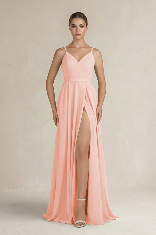 Ruched A - Line Chiffon Bridesmaid Dress with Slit in Rose Petal - SHE IS ME Bridesmaid Dresses