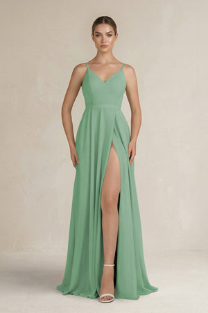 Ruched A - Line Chiffon Bridesmaid Dress with Slit in Sea Glass - SHE IS ME Bridesmaid Dresses