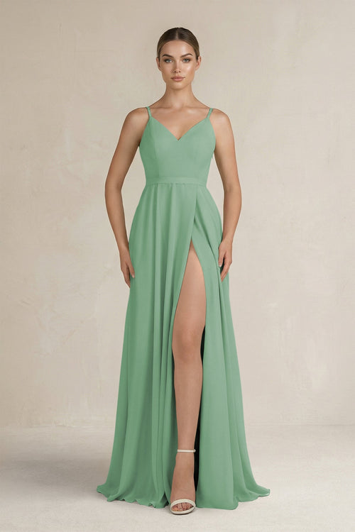 Ruched A - Line Chiffon Bridesmaid Dress with Slit in Sea Glass - SHE IS ME Bridesmaid Dresses