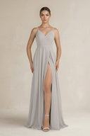 Ruched A - Line Chiffon Bridesmaid Dress with Slit in Silver - SHE IS ME Bridesmaid Dresses