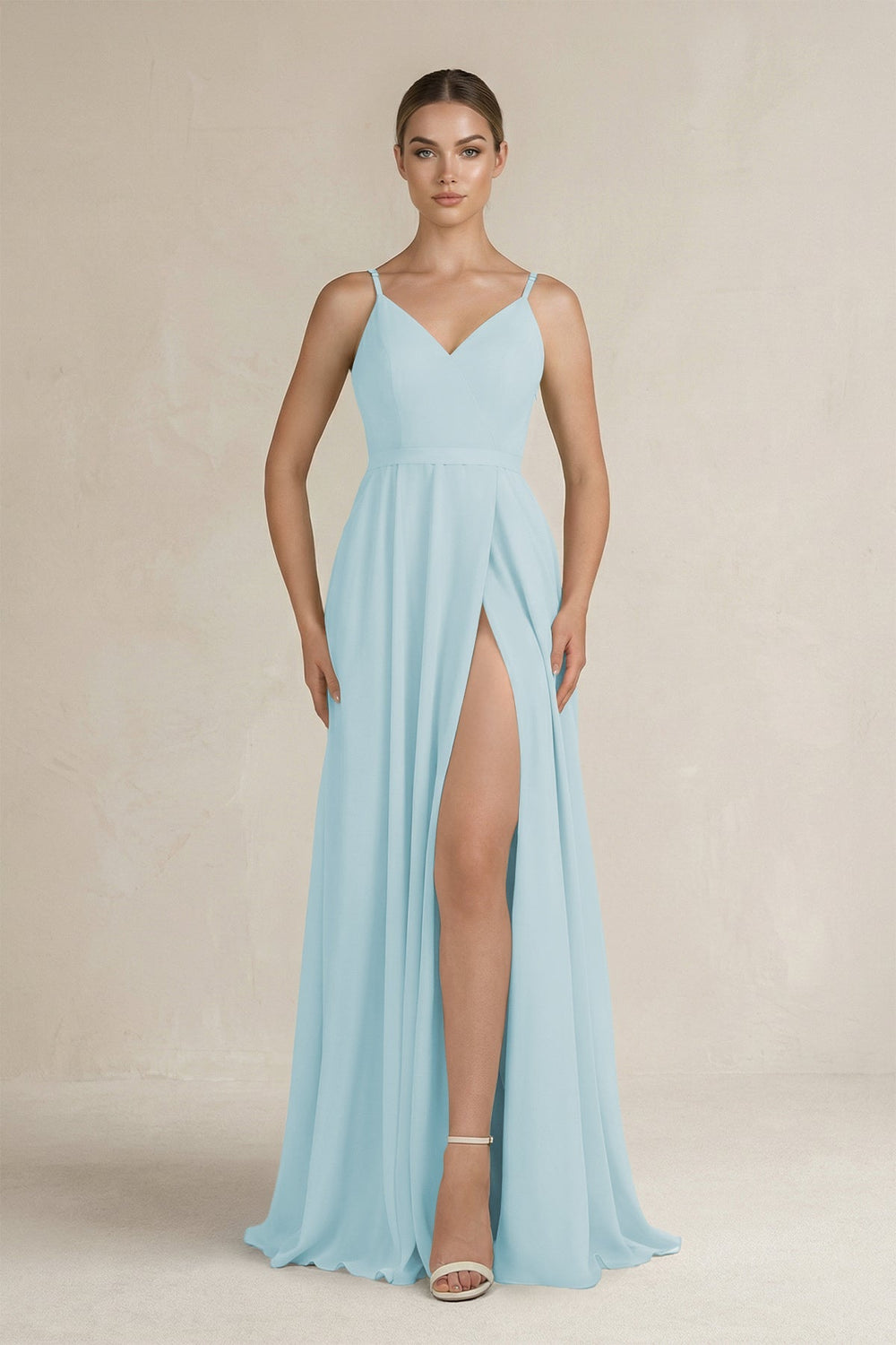 Ruched A - Line Chiffon Bridesmaid Dress with Slit in Sky Blue - SHE IS ME Bridesmaid Dresses