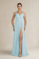 Ruched A - Line Chiffon Bridesmaid Dress with Slit in Sky Blue - SHE IS ME Bridesmaid Dresses