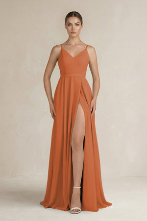 Ruched A - Line Chiffon Bridesmaid Dress with Slit in Terracotta - SHE IS ME Bridesmaid Dresses