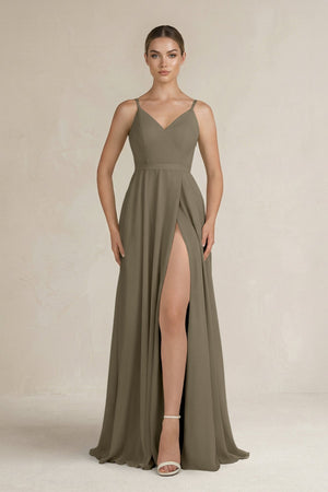 Ruched A - Line Chiffon Bridesmaid Dress with Slit in Willow Green - SHE IS ME Bridesmaid Dresses