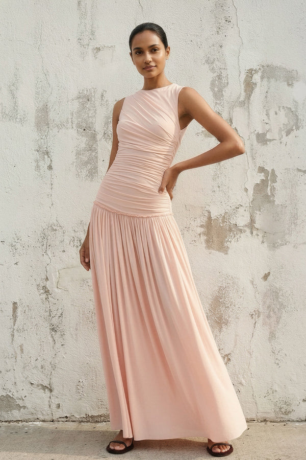 Ruched Backless Maxi Dress in Blush Pink - SHE IS ME PROM DRESSES