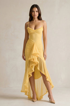 Ruched Maxi Dress With Ruffles in Yellow
