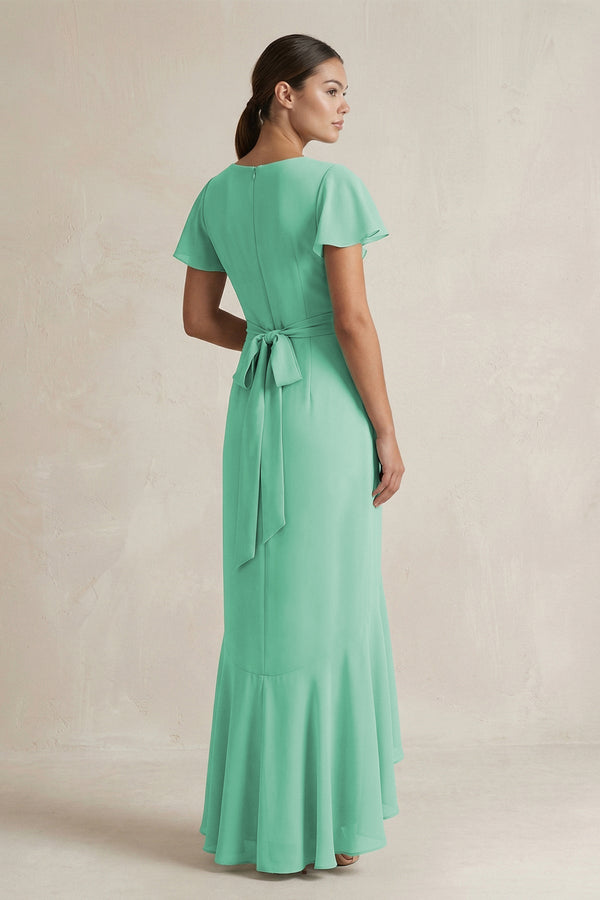 Rufffled V - Neck Sheath Chiffon Bridesmaid Dress in Turquoise - SHE IS ME Bridesmaid Dresses