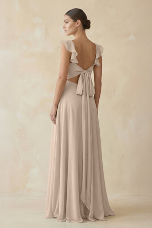Ruffled Chiffon A - Line Long Bridesmaid Dress in Almond - SHE IS ME