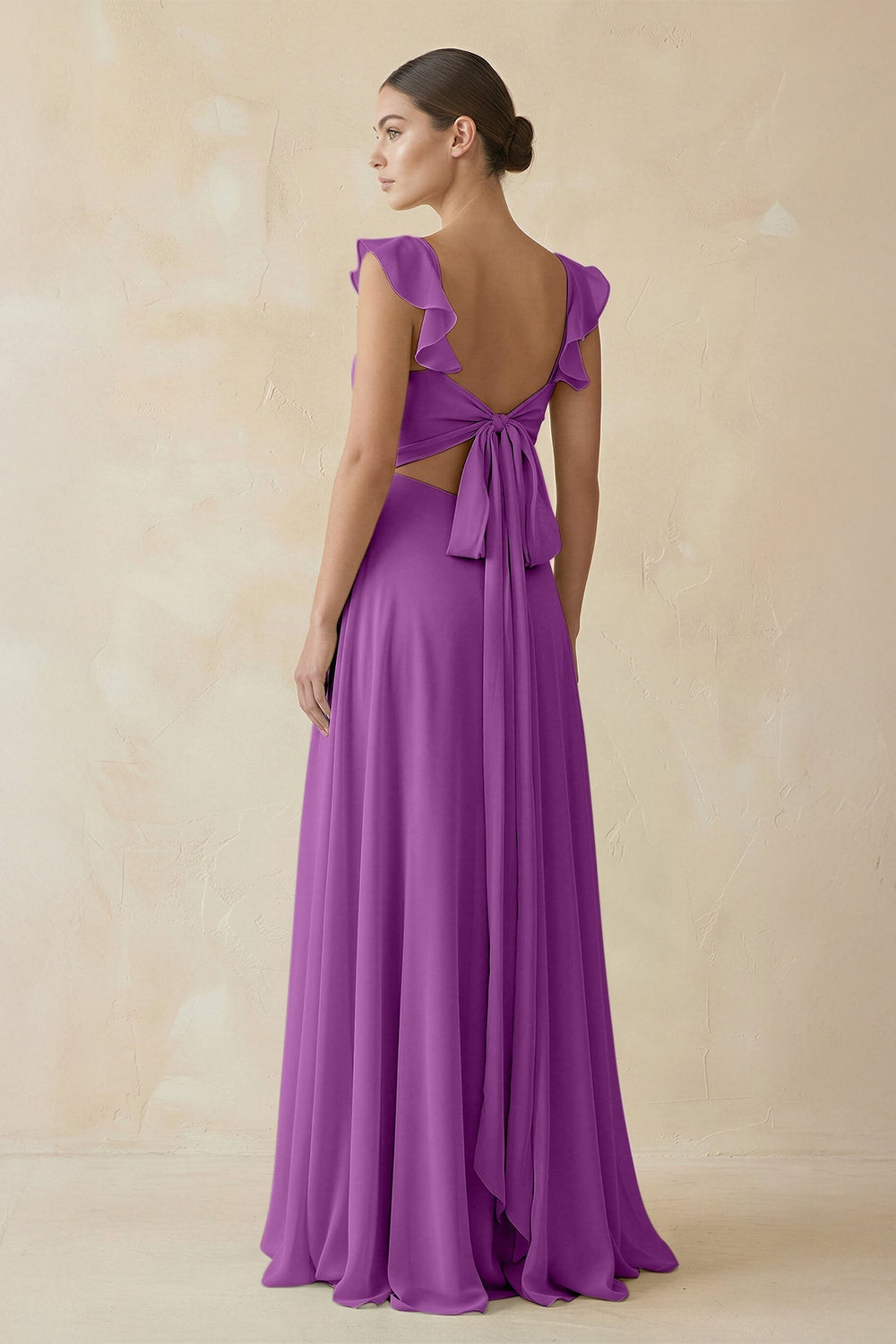 Ruffled Chiffon A - Line Long Bridesmaid Dress in Amethyst - SHE IS ME