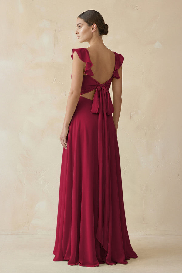Ruffled Chiffon A - Line Long Bridesmaid Dress in Berry - SHE IS ME