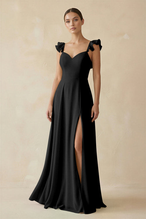 Ruffled Chiffon A - Line Long Bridesmaid Dress in Black - SHE IS ME