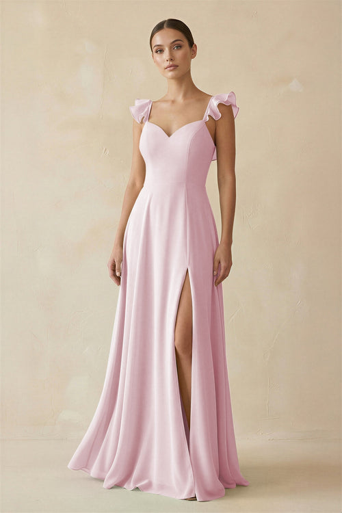 Ruffled Chiffon A - Line Long Bridesmaid Dress in Candy Pink - SHE IS ME