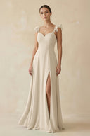 Ruffled Chiffon A - Line Long Bridesmaid Dress in Champagne - SHE IS ME