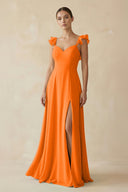 Ruffled Chiffon A - Line Long Bridesmaid Dress in Cinnamon - SHE IS ME