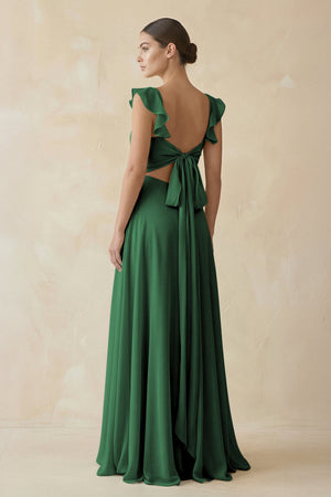 Ruffled Chiffon A - Line Long Bridesmaid Dress in Dark Green - SHE IS ME