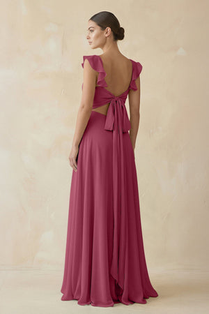Ruffled Chiffon A - Line Long Bridesmaid Dress in Desert Rose - SHE IS ME