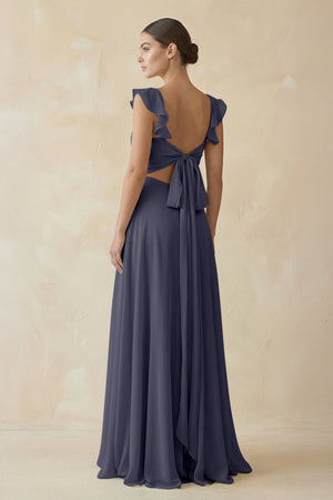 Ruffled Chiffon A - Line Long Bridesmaid Dress in Dusk Blue - SHE IS ME