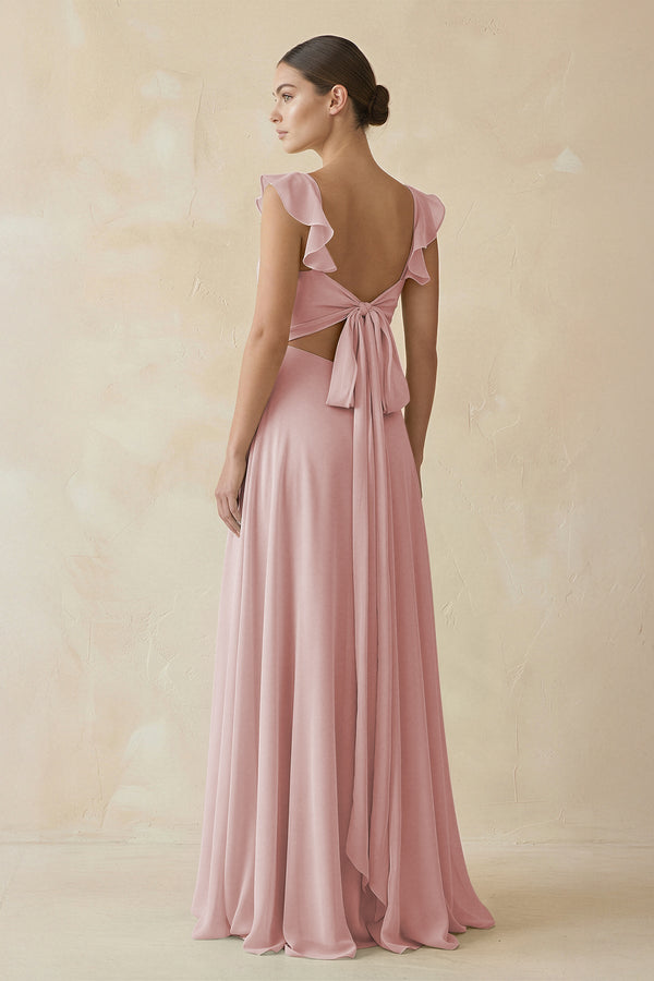 Ruffled Chiffon A - Line Long Bridesmaid Dress in Dusty Rose - SHE IS ME