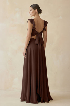 Ruffled Chiffon A - Line Long Bridesmaid Dress in Espresso - SHE IS ME