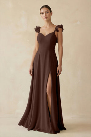 Ruffled Chiffon A - Line Long Bridesmaid Dress in Espresso - SHE IS ME