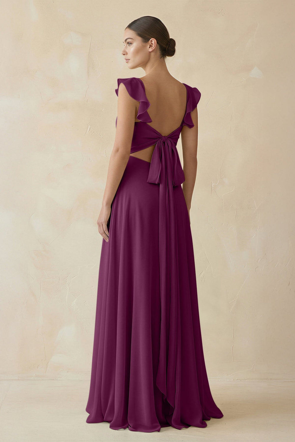 Ruffled Chiffon A - Line Long Bridesmaid Dress in Fig - SHE IS ME