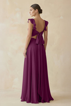 Ruffled Chiffon A - Line Long Bridesmaid Dress in Fig - SHE IS ME