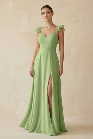 Ruffled Chiffon A - Line Long Bridesmaid Dress in Matcha - SHE IS ME