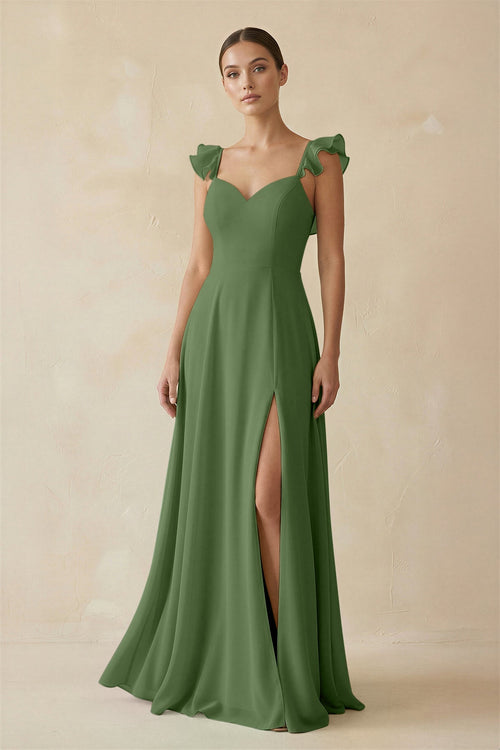 Ruffled Chiffon A - Line Long Bridesmaid Dress in Moss - SHE IS ME