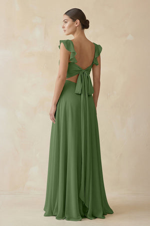 Ruffled Chiffon A - Line Long Bridesmaid Dress in Moss - SHE IS ME