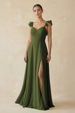 Ruffled Chiffon A - Line Long Bridesmaid Dress in Olive - SHE IS ME