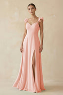 Ruffled Chiffon A - Line Long Bridesmaid Dress in Rose Petal - SHE IS ME