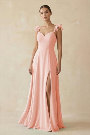 Ruffled Chiffon A - Line Long Bridesmaid Dress in Rose Petal - SHE IS ME