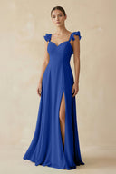Ruffled Chiffon A - Line Long Bridesmaid Dress in Royal Blue - SHE IS ME