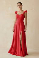 Ruffled Chiffon A - Line Long Bridesmaid Dress in Ruby Red - SHE IS ME