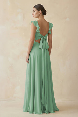 Ruffled Chiffon A - Line Long Bridesmaid Dress in Sea Glass - SHE IS ME