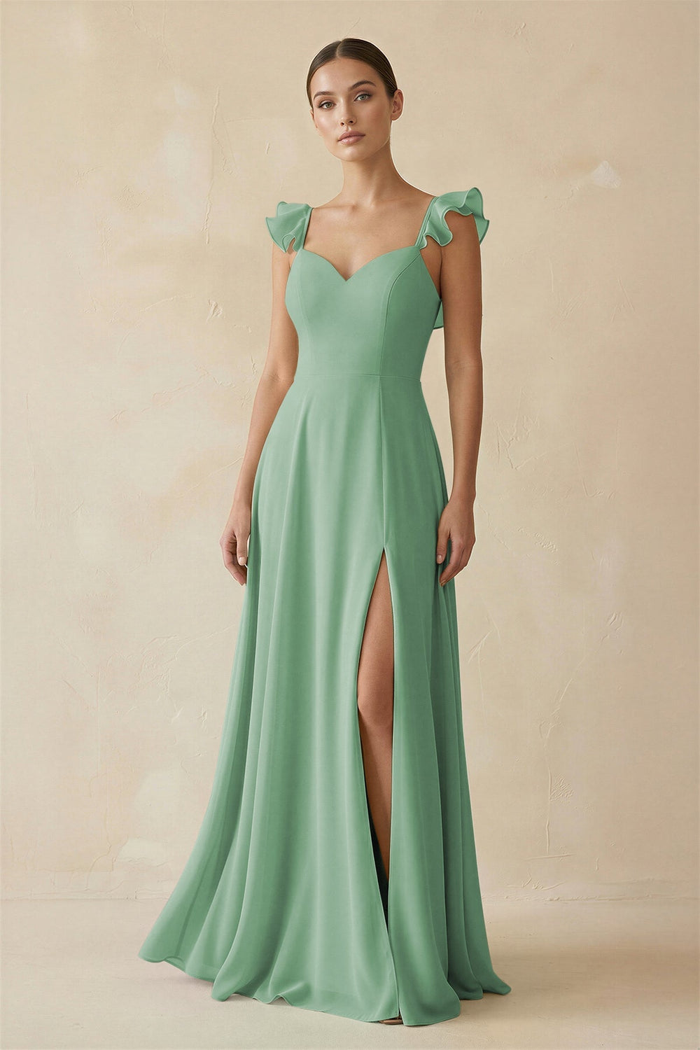 Ruffled Chiffon A - Line Long Bridesmaid Dress in Sea Glass - SHE IS ME