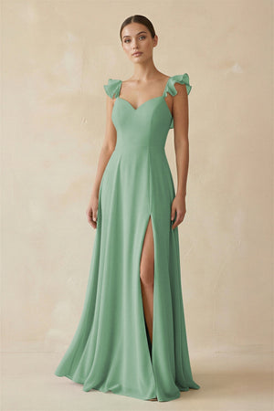 Ruffled Chiffon A - Line Long Bridesmaid Dress in Sea Glass - SHE IS ME