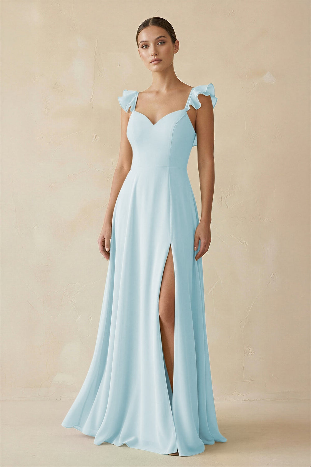 Ruffled Chiffon A - Line Long Bridesmaid Dress in Sky Blue - SHE IS ME