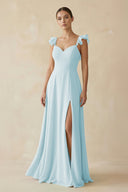 Ruffled Chiffon A - Line Long Bridesmaid Dress in Sky Blue - SHE IS ME