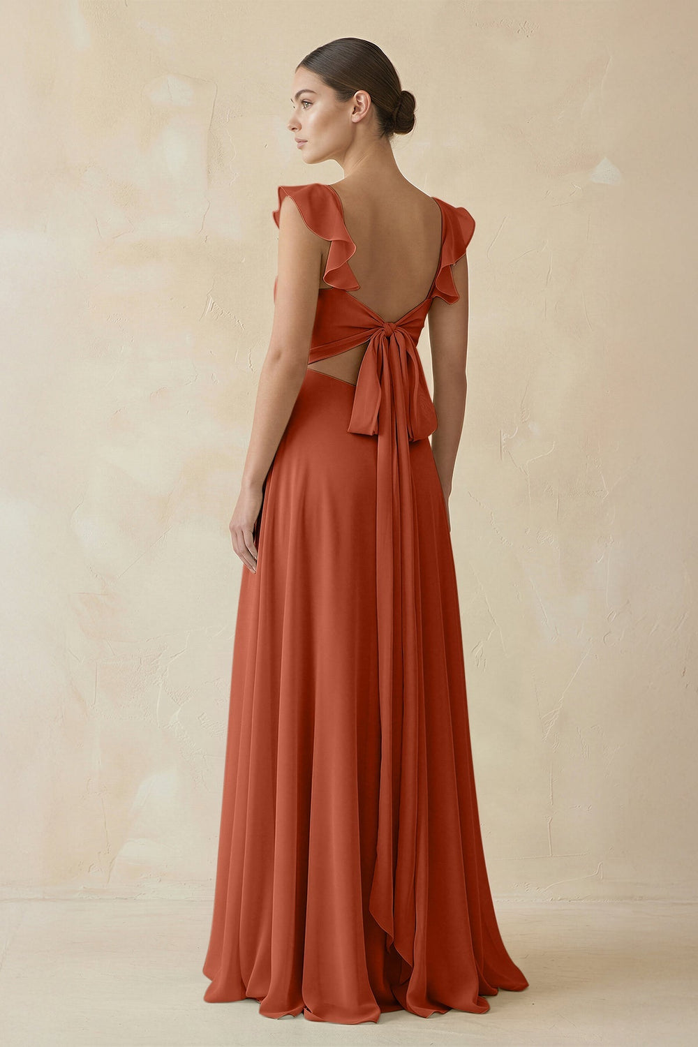 Ruffled Chiffon A - Line Long Bridesmaid Dress in Spice - SHE IS ME