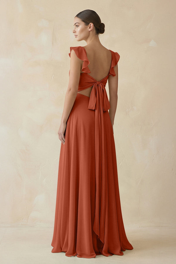 Ruffled Chiffon A - Line Long Bridesmaid Dress in Spice - SHE IS ME