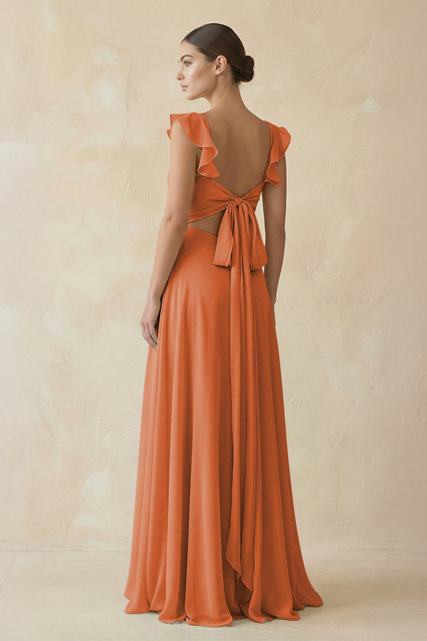Ruffled Chiffon A - Line Long Bridesmaid Dress in Terracotta - SHE IS ME