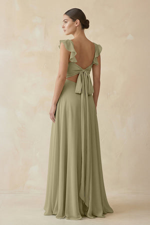 Ruffled Chiffon A - Line Long Bridesmaid Dress in Thyme - SHE IS ME