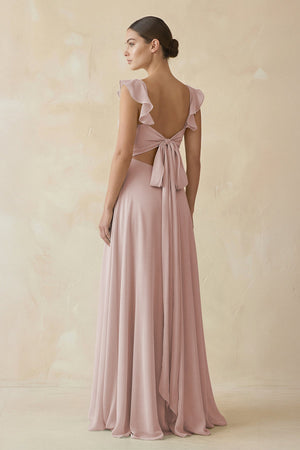 Ruffled Chiffon A - Line Long Bridesmaid Dress in Toffee - SHE IS ME