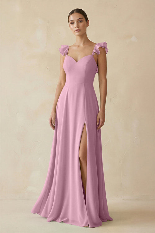 Ruffled Chiffon A - Line Long Bridesmaid Dress in Vintage Mauve - SHE IS ME
