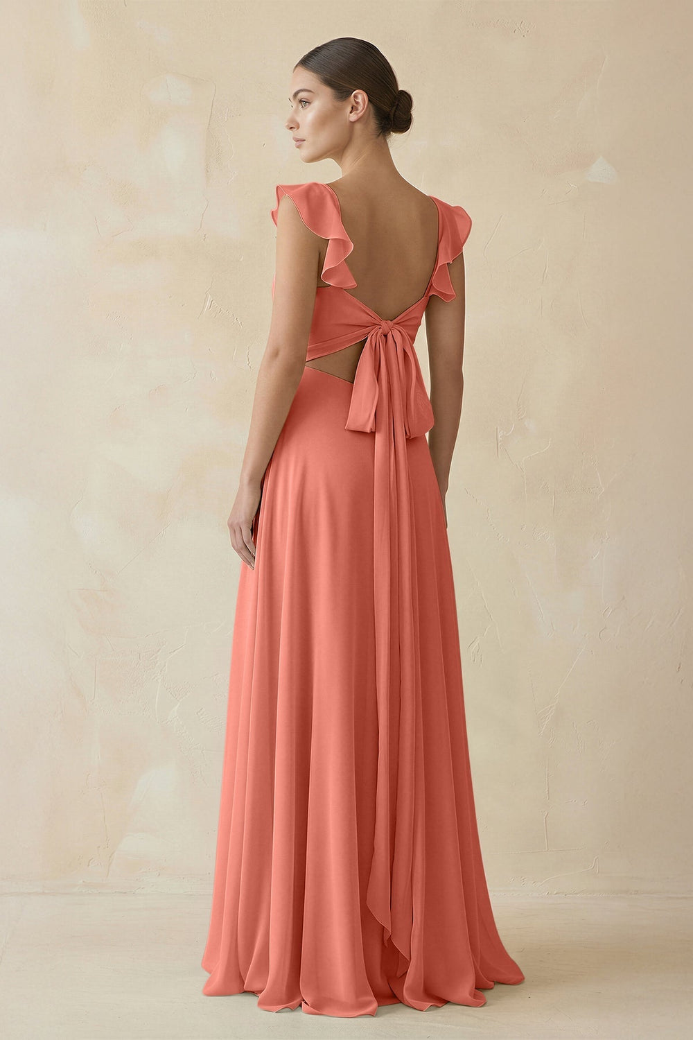 Ruffled Chiffon A - Line Long Bridesmaid Dress in Wild Rose - SHE IS ME