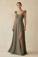 Ruffled Chiffon A - Line Long Bridesmaid Dress in Willow Green - SHE IS ME